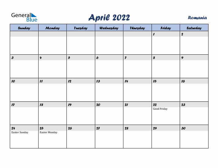 April 2022 Calendar with Holidays in Romania