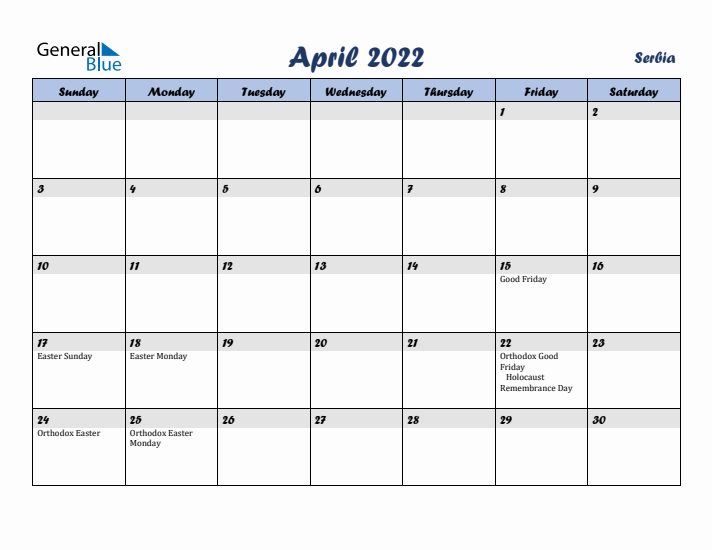 April 2022 Calendar with Holidays in Serbia