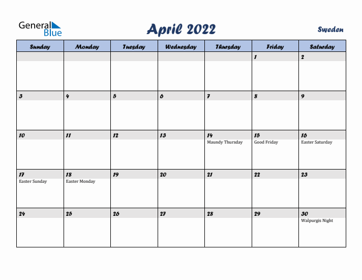 April 2022 Calendar with Holidays in Sweden