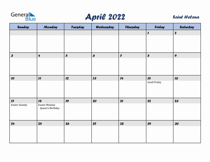 April 2022 Calendar with Holidays in Saint Helena