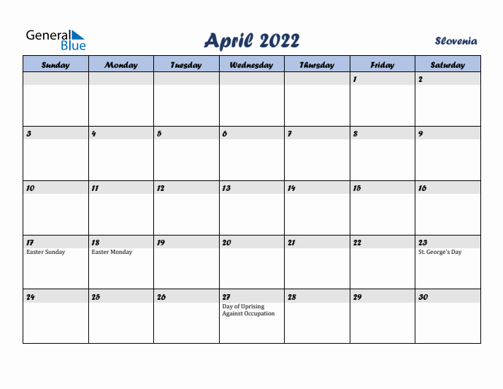 April 2022 Calendar with Holidays in Slovenia