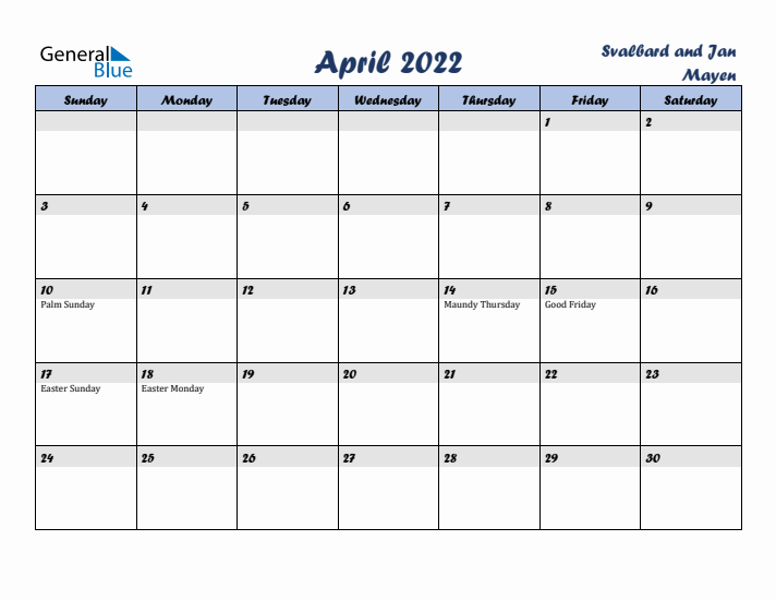 April 2022 Calendar with Holidays in Svalbard and Jan Mayen
