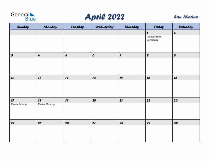 April 2022 Calendar with Holidays in San Marino