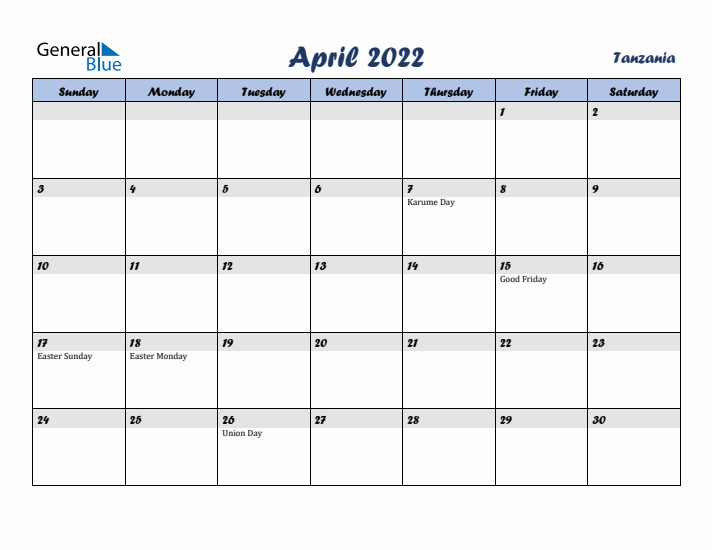 April 2022 Calendar with Holidays in Tanzania