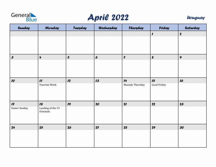April 2022 Calendar with Holidays in Uruguay