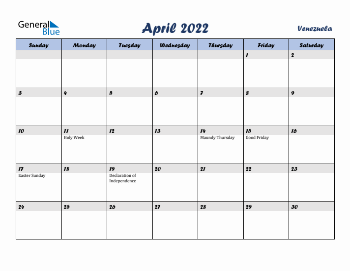 April 2022 Calendar with Holidays in Venezuela
