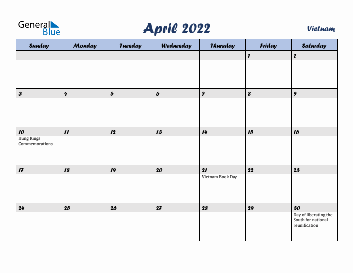 April 2022 Calendar with Holidays in Vietnam