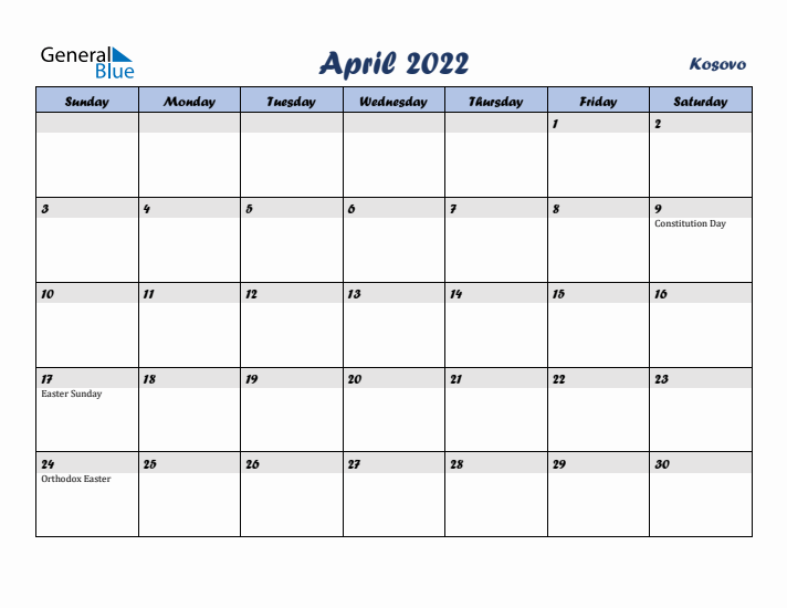 April 2022 Calendar with Holidays in Kosovo