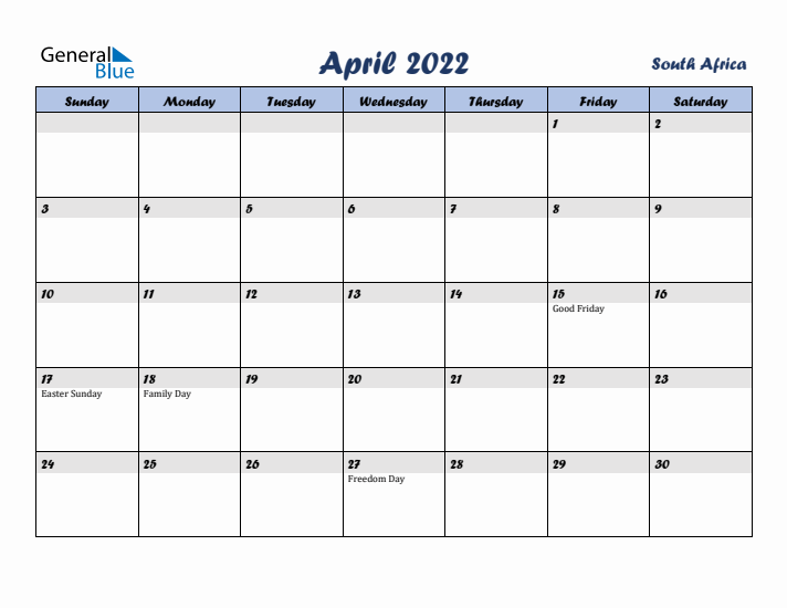 April 2022 Calendar with Holidays in South Africa