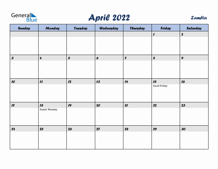 April 2022 Calendar with Holidays in Zambia