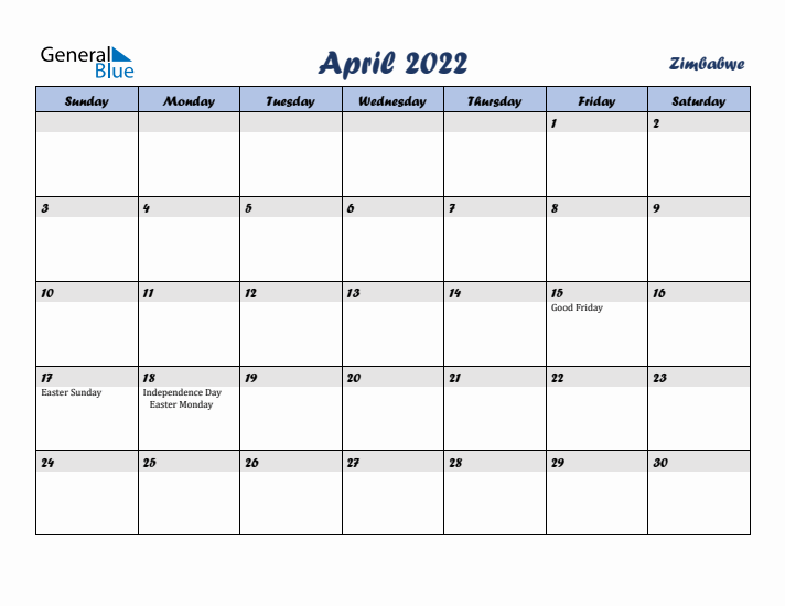 April 2022 Calendar with Holidays in Zimbabwe