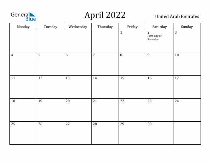 April 2022 Calendar United Arab Emirates