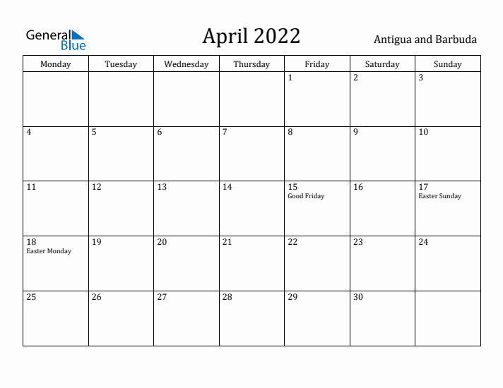 April 2022 Calendar Antigua and Barbuda
