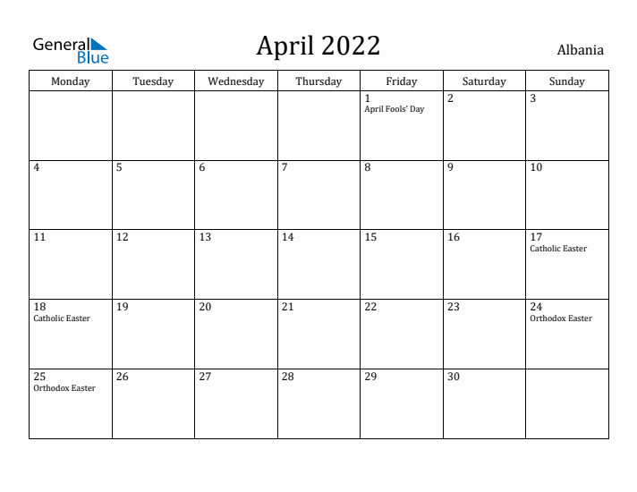 April 2022 Calendar Albania