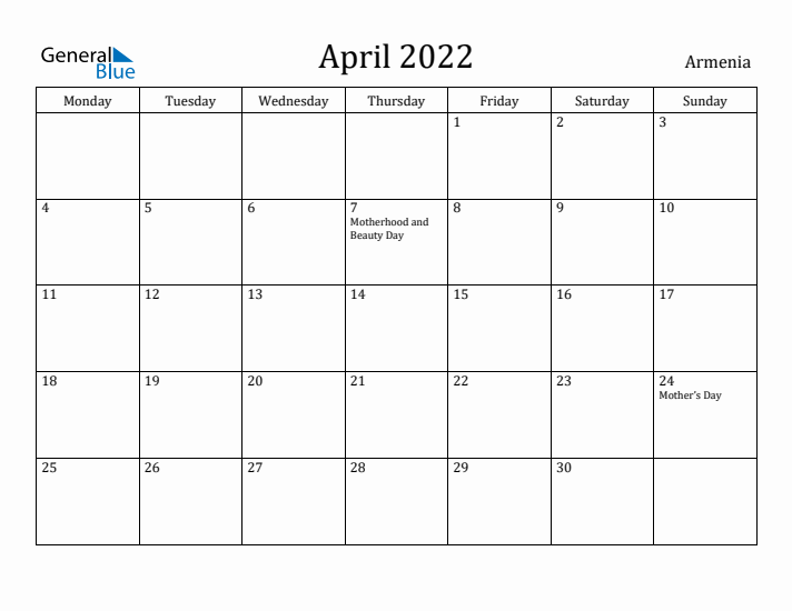 April 2022 Calendar Armenia