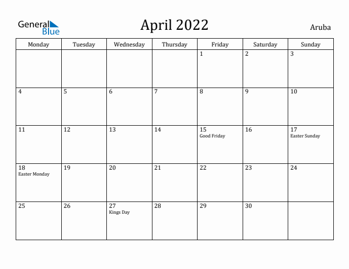 April 2022 Calendar Aruba