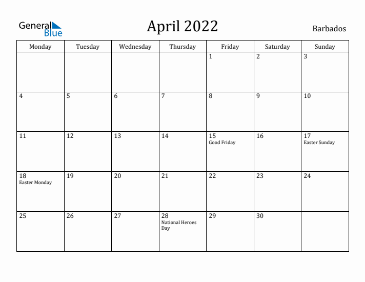 April 2022 Calendar Barbados