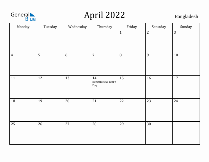 April 2022 Calendar Bangladesh