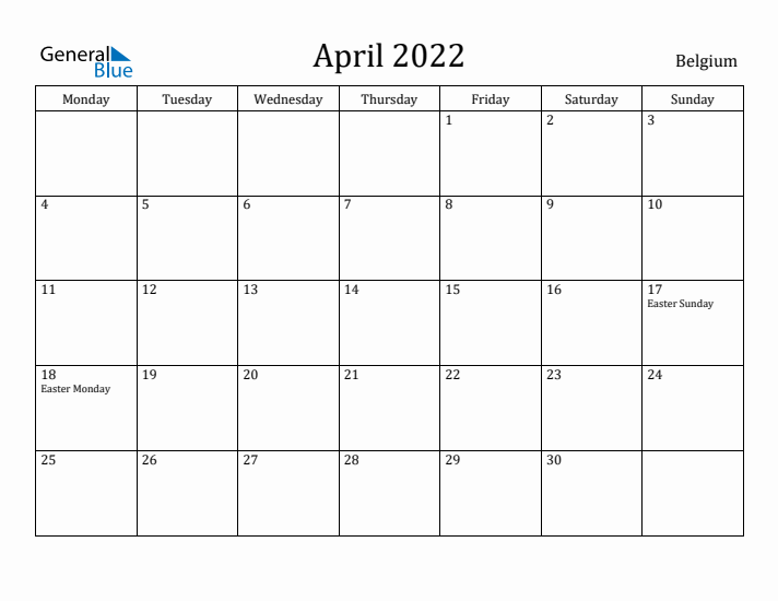 April 2022 Calendar Belgium