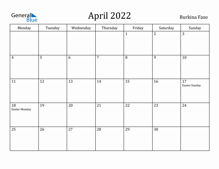 April 2022 Calendar Burkina Faso