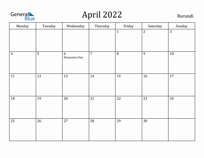 April 2022 Calendar Burundi