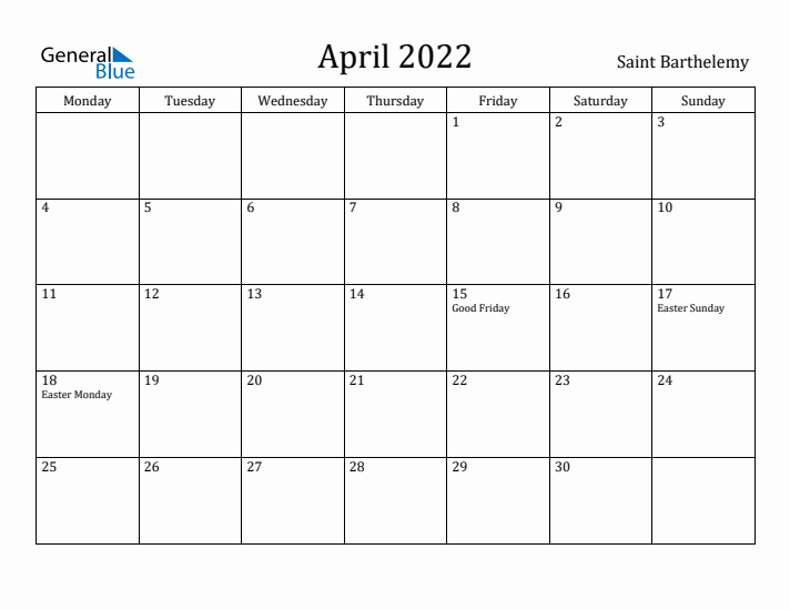 April 2022 Calendar Saint Barthelemy