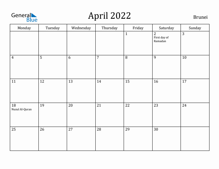 April 2022 Calendar Brunei
