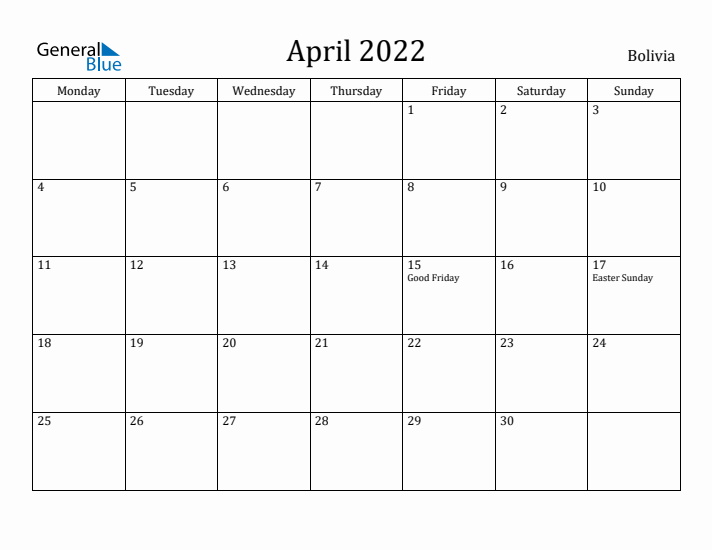 April 2022 Calendar Bolivia