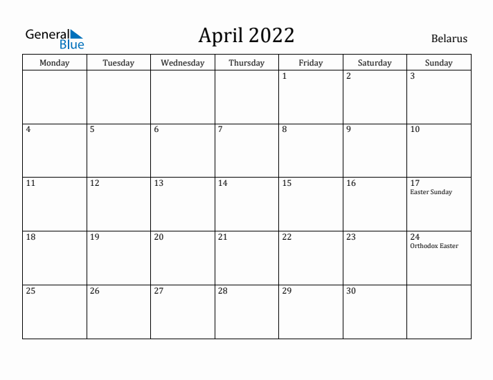 April 2022 Calendar Belarus