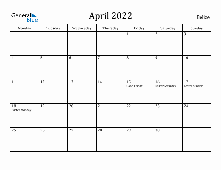 April 2022 Calendar Belize