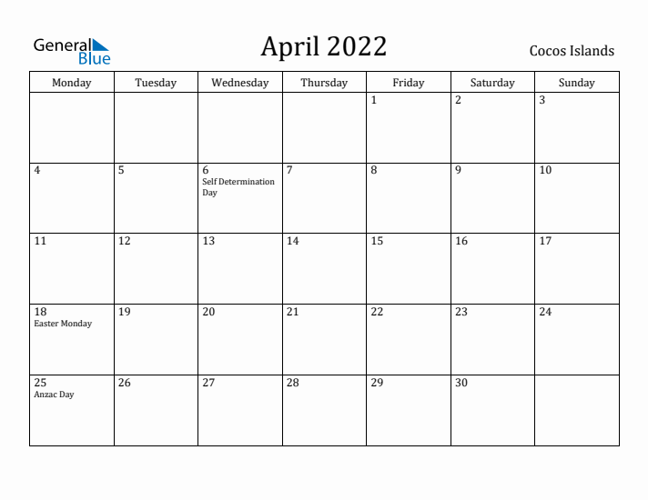 April 2022 Calendar Cocos Islands