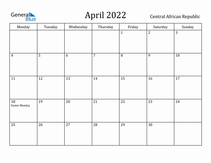 April 2022 Calendar Central African Republic