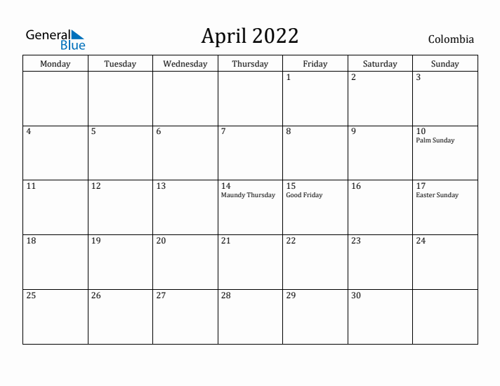 April 2022 Calendar Colombia