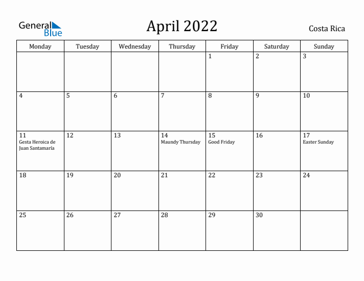 April 2022 Calendar Costa Rica