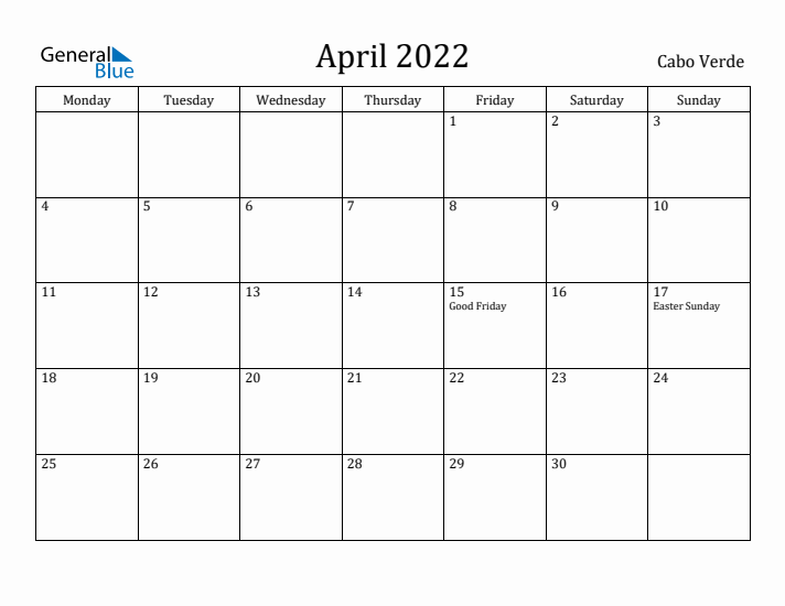 April 2022 Calendar Cabo Verde
