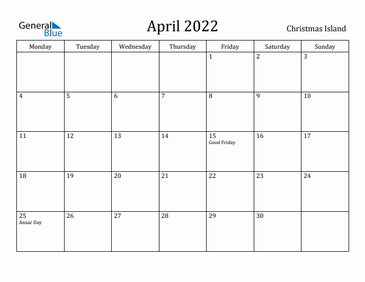 April 2022 Calendar Christmas Island