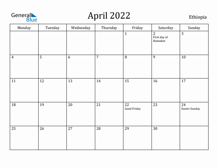 April 2022 Calendar Ethiopia