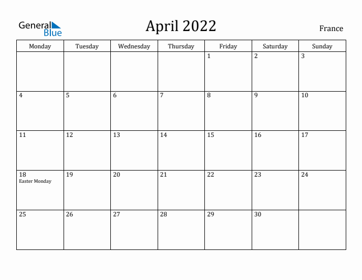 April 2022 Calendar France