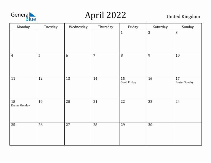 April 2022 Calendar United Kingdom
