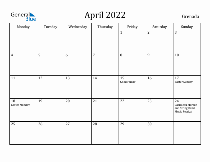 April 2022 Calendar Grenada
