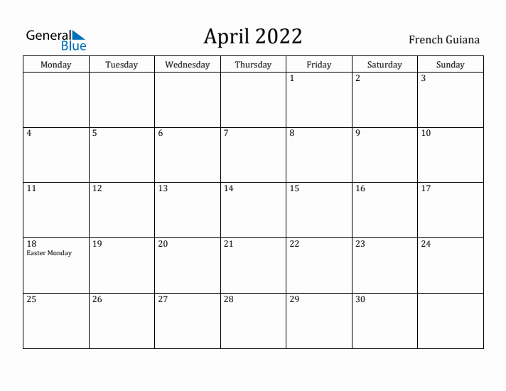 April 2022 Calendar French Guiana