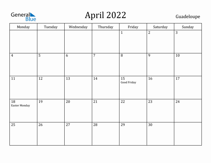 April 2022 Calendar Guadeloupe