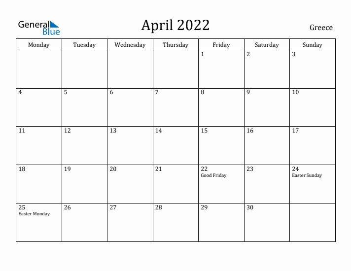April 2022 Calendar Greece