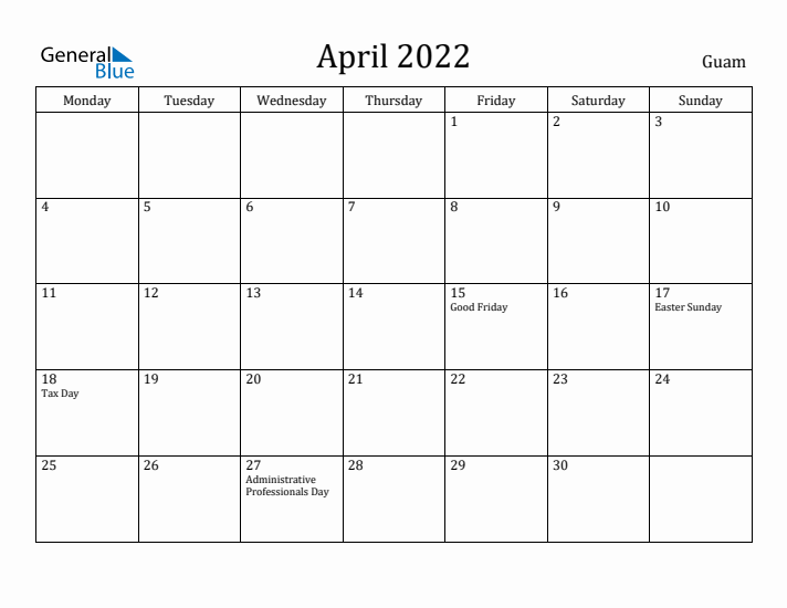 April 2022 Calendar Guam