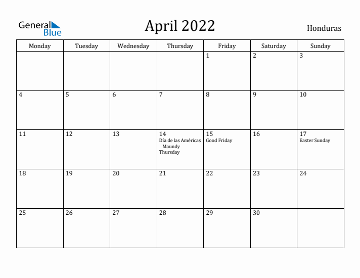 April 2022 Calendar Honduras