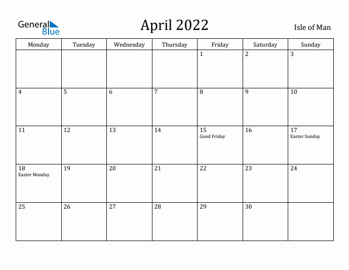 April 2022 Calendar Isle of Man