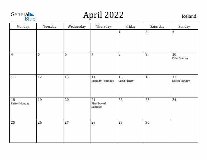 April 2022 Calendar Iceland