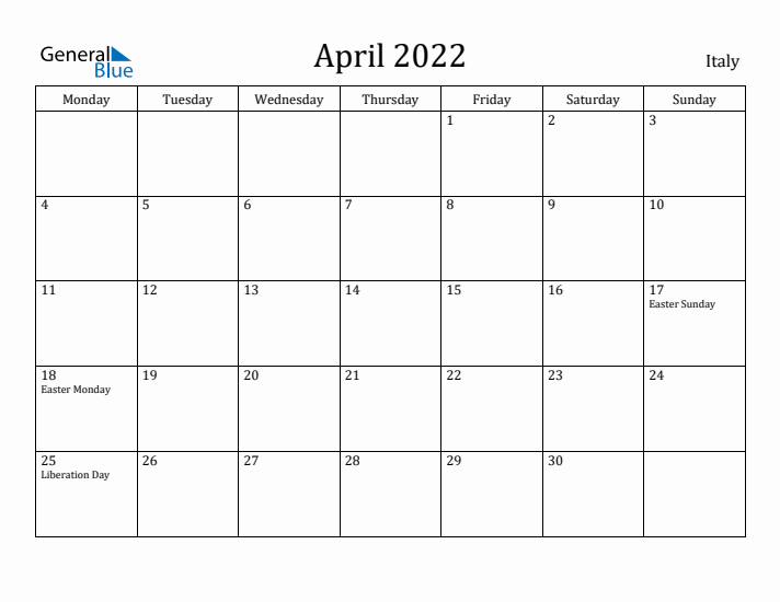 April 2022 Calendar Italy