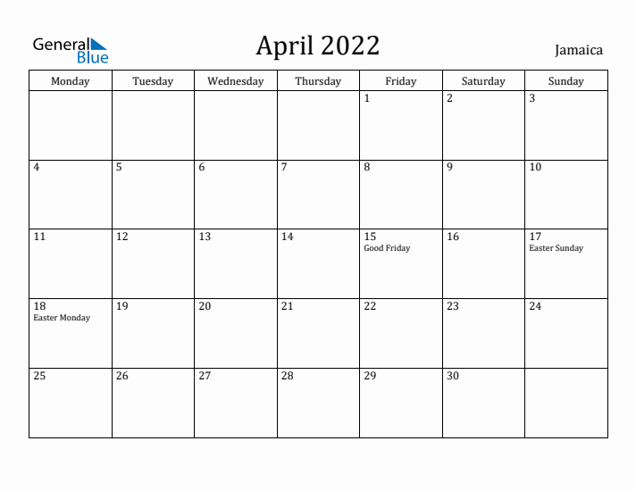 April 2022 Calendar Jamaica