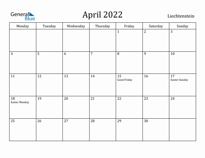 April 2022 Calendar Liechtenstein